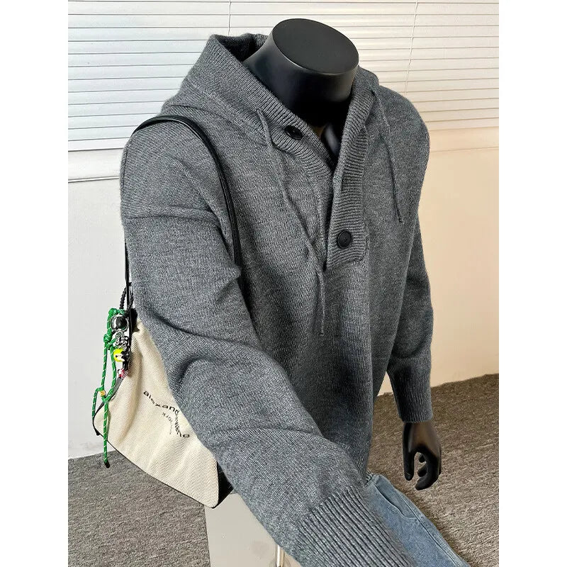 Threebooy 4Colors Mens Knitted Hooded Sweaters Solid Color Casual Pullover Spring Autumn Comfortable Buttons V-neck Loose Lazy Sweater