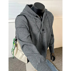 Threebooy 4Colors Mens Knitted Hooded Sweaters Solid Color Casual Pullover Spring Autumn Comfortable Buttons V-neck Loose Lazy Sweater