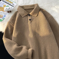 Threebooy Autumn Clothing Men's Luxury Knitted Pullovers Sweater Long Sleeve Polo Shirt Texture Lapel Premium Solid Color Fashion Knitwear