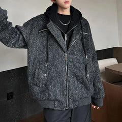 Threebooy Mens Street Fashion Casual Loose Trendy Fake Two-Piece Woolen Hooded Jacket Autumn Winter High-End Lazy Casual Versatile Jacket