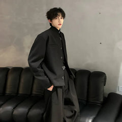 Threebooy Wine Red Blazers Men Suit Jackets Casual Stand Collar Solid Color Male Short Coats Korean Trendy Men's Clothing Autumn New