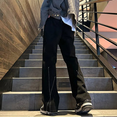 Threebooy Men Black Low Rise Denim Pants Vintage Korean Fashions Japanese Style Casual Jeans Y2k Streetwear Stacked Jeans Pants Hip Hop