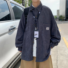 Threebooy Corduroy Shirts For Men Long Sleeve Black Shirt Spring Summer Korean Streetwear Clothes Unisex Fashion Casual Oversize Shirt