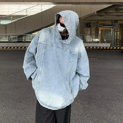 Threebooy Men Vintage Denim Hoodies Women Harajuku Hip Hop Casual Oversized Sweatshirts Fashion Loose Long Sleeve Pullover Coat