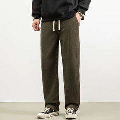 Threebooy Fall Winter Mens Corduroy Straight Leg Pants Long Solid Elastic Waist Casual Pants Loose Fit Going Out Pants with Pockets
