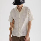 Threebooy Men's White Summer Hollow Out Short Sleeve Shirt Knitted Jacket Shirts For Men Vintage Vacation Blouse
