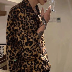 Threebooy Summer New Men's Leopard Print Short-Sleeved Shirt American Retro Fashion Trend Street Loose Casual Breathable Niche Men's Tops