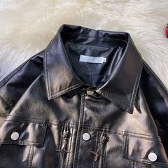 Threebooy Retro Motorcycle Leather Jacket Men's Spring Autumn Pu Jacket Loose Windproof Jackets Zipper Single-breasted Turndown Collar Top