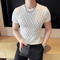 Threebooy Men's Elastic Short Sleeved T-shirt Summer Breathable Round Neck Pullover T-shirt Solid Color Slim Fit Jacquard Men's Clothing