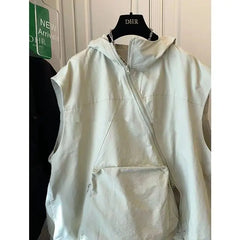 Threebooy Design-sleeved Hooded Vest Sweatshirt for Men Women 2025 Loose Retro Casual Sports Jacket Asymmetrical Zippered Large Pocket Top