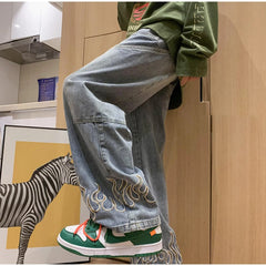 Threebooy Men Jeans 2024 Spring Fashion Flame Embroidery Neutral Loose Straight Casual Simple Wide Leg Denim Trousers Male Hip Hop Pants