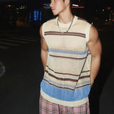 Threebooy Stripe Contrasting Colors Hollowing Out Knitting Vest Men Casual Tops Loose Summer Niche Handsome Sleeveless All-match Vest