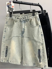 Threebooy Streetwear Men Summer Loose Casual Denim Shorts Men Zipper Straight Versatile Five Point Pants Hip Hop Sports Basketball Shorts