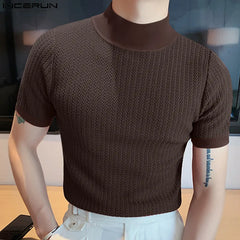 Threebooy New Summer Fashion Tight T-shirt Casual Streetwear Textured High-neck Solid Color Short-sleeved Bottoming Tees Korean Style Tops