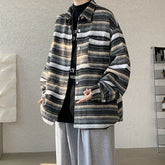 Threebooy Fashion Striped Contrast Color Bomber Jackets Coats Men Long Sleeve Turn-down Collar Jacket Autumn Streetwear Black/Coffee