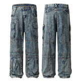 Threebooy Vintage Multipockets Washed Blue Baggy Mens jeans Straight High Streeet Pleated Loose Cargo Pants Oversize Unisex Denim Trousers