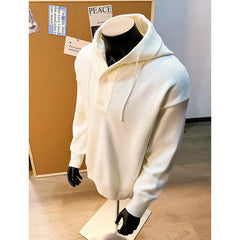 Threebooy 4Colors Mens Knitted Hooded Sweaters Solid Color Casual Pullover Spring Autumn Comfortable Buttons V-neck Loose Lazy Sweater