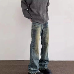 Threebooy Vintage American Style Men's Straight-Leg Slimming Long Jeans Distressed Washing Denim Pants Trendy Brand Bootcut Pants