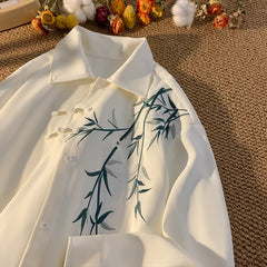 Threebooy New Chinese Shirt Men's White Shirt Bamboo Leaf Embroidery Shirt Plate Button Design Traditional Tang Clothing Elements