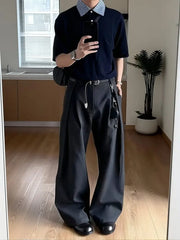 Threebooy Spring Summer Pleated Wide Curved Trousers Men A-line Tailored Casual Suit Pants Streetwear Work wear Cleanfit Business