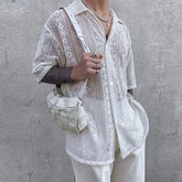 Threebooy Summer Men's Clothing Mesh See Through Mesh Sexy Shirt Short Sleeve Fishnet Button-down Retro Chic Streetwear Party Blouse S-5XL