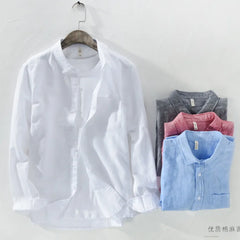 Threebooy Mens Cotton Linen Shirt Breathable Casual Solid Colors Loose Turn-down Collar Long Sleeve Button Down Blouse Tops Shirts For Man