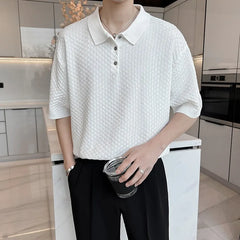 Threebooy Summer Clothing Men's Light Luxury Knitted Short Sleeve Polo Shirt Streetwear Button-down Korean Fashion Solid Color Knitwear