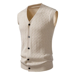 Threebooy New Autumn Men's Knit Vest Sleeveless Sweater Cardigan Fashion V-Neck Solid Color Single Breasted Slim Fit Knitted Waistcoat Men