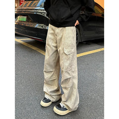 Threebooy Vintage Camouflage Men's Jeans Fashion Washed Casual Wide Leg Denim Pants Spring Loose Male Trousers Earthy yellow Cargo jeans