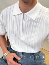 Threebooy Zipper Knitted Short-sleeved Polo Shirt Men Summer American Retro Commuting Loose Vertical Striped Pit Strip Lapel T-shirt Men