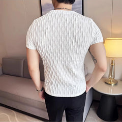 Threebooy Men's Elastic Short Sleeved T-shirt Summer Breathable Round Neck Pullover T-shirt Solid Color Slim Fit Jacquard Men's Clothing