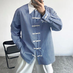 Threebooy Men's Chinese Style Stripe Printing Lapel Collar Shirts Long Sleeve Hawaiian Cargo Shirts Simple Camisa Masculina M-XL