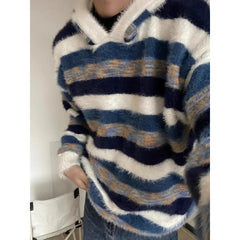 Threebooy American retro contrasting blue white striped hooded sweater casual lazy style knitted sweater top