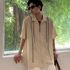 Threebooy Men's Clothing Light Luxury Retro Ethnic Shirts Leisure Popular Clothes Cuban Collar Short Sleeve Streetwear Retro Striped