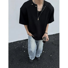 Threebooy Gray heavy half-zipper design short-sleeved T-shirt men's shoulder padded American high street handsome five-point sleeves