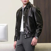 Threebooy Mens Leather Metal Buttons Large Pockets Motorcycle Leather Jacket Winter Casual Outdoor Windproof outfit Men's Clothing