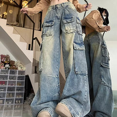 Threebooy Design sense high street American retro work pants men's autumn new style wide leg jeans loose pants