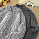 Threebooy American Fashion Jacquard Sweater Men's Light Luxury Polo Neck Knitted Pullover Leisure Vintage Solid Color Long Sleeve Knitwear