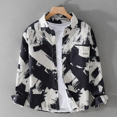 Threebooy Printing Trend Long Sleeve Loose Blouse Spring Autumn New Men's Polo Neck Casual Youth Shirt Tops Fashion Korean Men Clothing