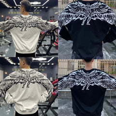 Threebooy Harajuku New Oversized Wing Pattern Round Neck Sweatshirt Men Clothing Casual Hip Hop Sports Long Sleeve Pullover Streetwear