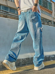 Threebooy American Retro Letter and Star Embroidered Jeans with a Street-Style Niche Design, Loose Wide-Leg Versatile Scimitar Pants, Trendy