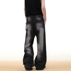 Threebooy American Street Retro Washed Rivet Design Niche Jeans Men Autumn And Winter New Fashion Straight Wide-Leg Mopping Trousers Men