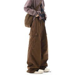 Threebooy Multi-pockets Cargo Pants Men Women Hip-hop Wide-leg Mopping Trousers Vintage Loose Casual Spring Couple Unisex Drawstring Pants