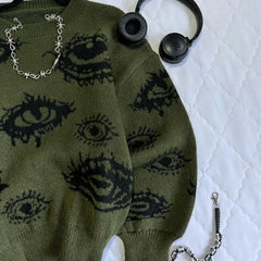 Threebooy Gothic Punk Oversized Eye Pattern Sweaters for Men and Women Autumn and Winter Thickened Sweatshirts Knitted Sweater Streetwear