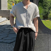 Threebooy New Fashion American Style Men T-shirt Luxury Striped Knitted Henry Collar Tees Casual Solid Color Short Sleeve Breathable Tops