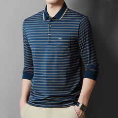 Threebooy Men Breathable Pure Cotton Polo Shirts Long Sleeve Spring Autumn Casual Striped Turn-down Collar Real Pocket Comfortable Tops
