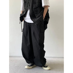 Threebooy Spring Autumn Japan Pants Retro Loose Straight Wide-leg Workwear Men Women Versatile Feet Tied Casual Trendy Trousers Aesthetic