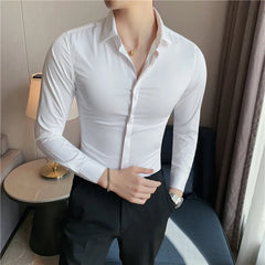 Threebooy 4XL Men's Shirt High Elasticity Seamless Long Sleeve Slim Casual Shirt Solid Color Business Formal Dress Shirts Social Blouse