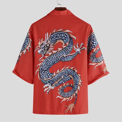 Threebooy Summer Clothing Men's Loose Stylish Hip Hop Shirt Casual Graphics Dragon Printed Mid-sleeved Shirts for Men Fashion Big Size Top