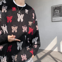 Threebooy Autumn Winter Butterfly Jacquard Pattern Sweater New Popular Casual Round Neck Contrast Color Knitted Men's Knitwear Pullover